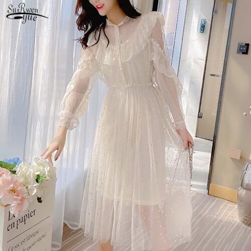 2021 New Fashion Lace Up Mesh Women Dress Vintage Puff Sleeve Long Dresses Elegant Button Party Dress Two Piece Vestidos 13385