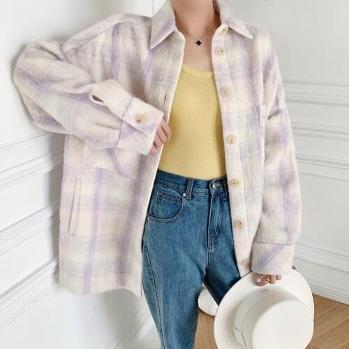 Plaid Woolen Jacket Women Loose Hem Split Turn-down Collar Single Breasted Coats with Pockets Autumn Winter 2020