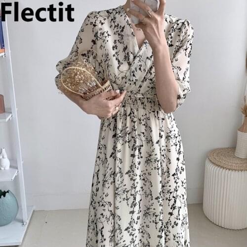 Flecti Vintage Floral Dress Womens Airy Chiffon V Neck Half Ruffled Sleeve Midi Dresses Summer Romantic Outfit Vestido
