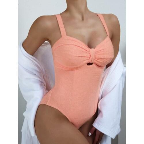 Copyright design custom logo label tag 2021 orange ribbed one piece swimsuit designer ruffled ribbed soild swimwear