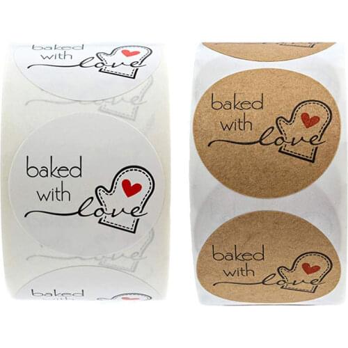 Free Shipping - 2.5CM Round Natural Kraft Handmade with "BAKED WITH LOVE" Stickers, 500 Labels Per Roll