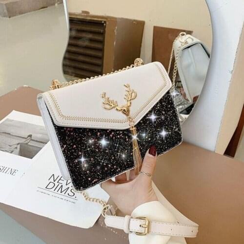 Designer Fashion Luxury Chain Shoulder Bags Antlers Mini Crossbody Bags for Women Sequins Vintage Handbags Female Tassel Flap