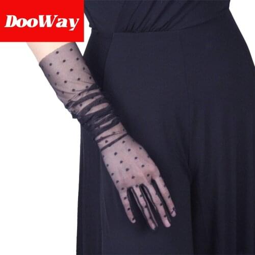 DooWay Sexy Bridal Lace Long Gloves Polka Dots 21 inch Black Tulle Semi Sheer Wedding Evening Party Gloves