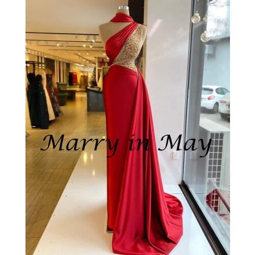 Elegant Red Satin Mermaid African Women Evening Dresses One Shoulder Beaded OverSkirt Sweep Train Plus Formal Prom Party Gowns