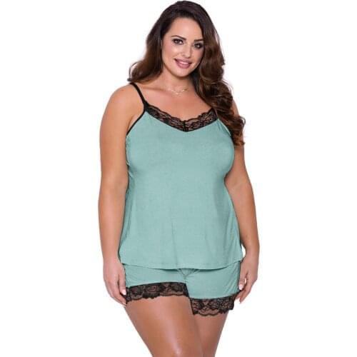 Green Plus Size Pajamas Set with Lace Trim Babydoll Lingerie