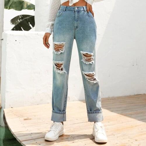 Womens Fashion High Waisted Jeans Straight Retro Ripped Hole Denim Pants Women Loose Harajuku Straight Jeans