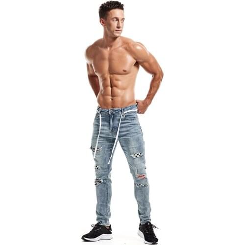 New Mens Jeans Casual Pants Hole Trend Slim Denim Pants Men Pencil Pants Solid Color Patchwork Blue Skinny Jeans Men