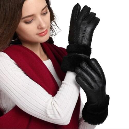 New Women Warm Leather Gloves Lengthen 2019 Winter Real Sheep Fur Gloves Female Outdoor Motorcycle Cycling Gloves Ladies Mittens