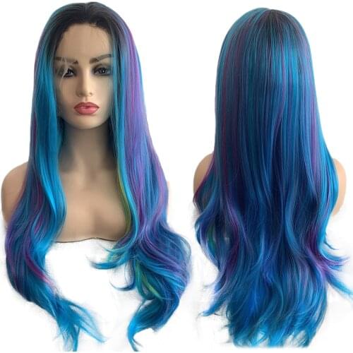 Lace Front Wig Blue Purple Green Pink Green Wigs for Women Long Wavy Straight Ombre Pre Plucked Heat Resistant Fiber Hair 24