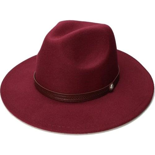 LUCKYLIANJI Retro Women Men Vintage 100% Wool Wide Brim Cap Fedora Panama Jazz Bowler Adult Hat Leather Band (57cm/adjusted)
