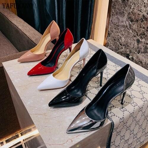2020 Summer Side Opening Pointed Toe Patent Leather Pumps Sexy Thin Heels Womens Shoes White Red Bride Wedding High Heels 10 Cm