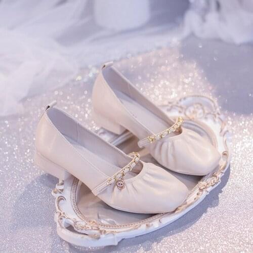 Leather Shoes Womens Shoes 2021 Summer New Style Shallow Mouth Square Toe Thick Heel Pearl Gentle Fashion Low Heel Mary Jane