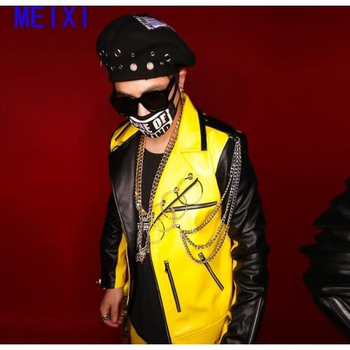 Unique yellow trend motorcycle imitation leather jacket nightclub rock DJ male singer performance dress bar suit
