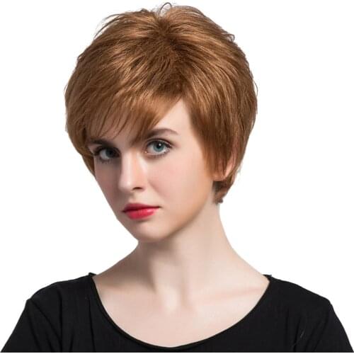 Resistant Short 100% Real Human Hair Wigs W/ Cap for Women Light Brown