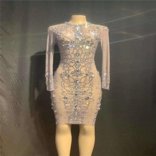 V22 Sexy female pole dance dress sleeve rhinestones perform dress proom crystal outfit drilling sparkly hip skirt elastic clothe