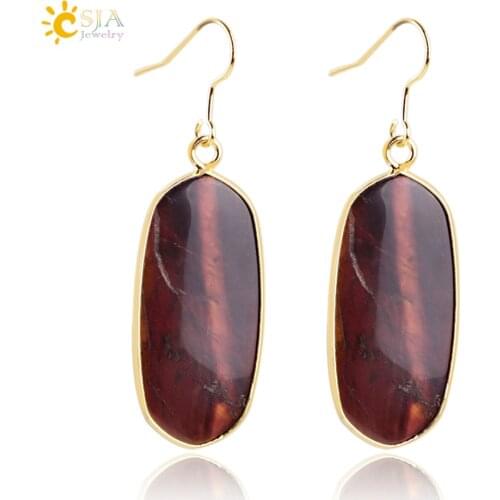 CSJA Natural Stone Dangle Earrings Gold Color Hook Crystal Tiger Eye Black Onyx Lapis Lazuli Female Eardrop Luxury Jewelry E275