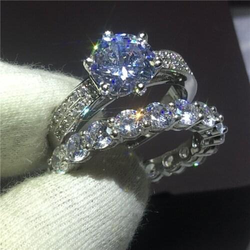 Solitaire Jewelry Lovers White Gold Filled ring set Full AAAAA Zircon Cz stone Engagement wedding band rings for women Gift