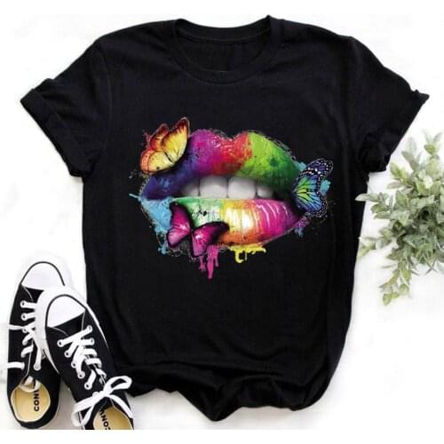 ZOGANKIN Women Plus Size Harajuku Black Tops Summer Fashion Shirt Graphic Tees Rainbow Lips Print Kawaii T-shirt Girls Clothes