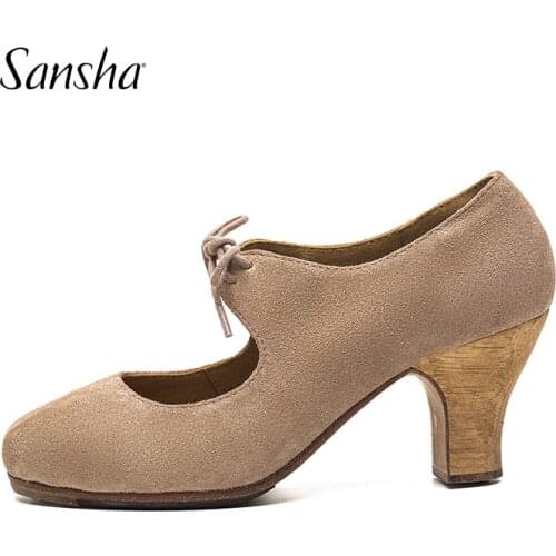Sansha Professional Flamenco Character Lace Up 6CM Middle High Heel For Women Ladies Black/Light Tan Dancing Shoes FL30L