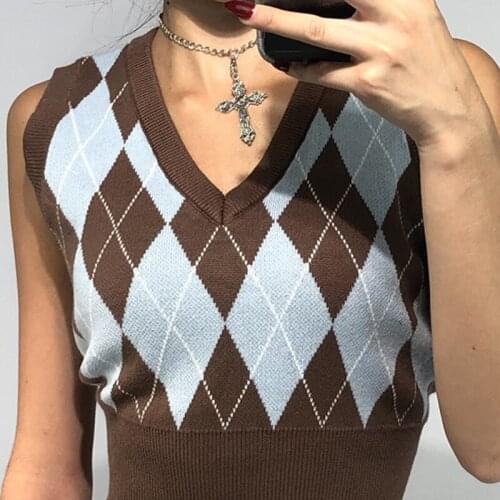 Plaid Vest Women V-neck Knitting Tank Short Y2k Sweater Tops Slim Fit Sleeveless Casual Pullover Streetwear Knitting Clothes