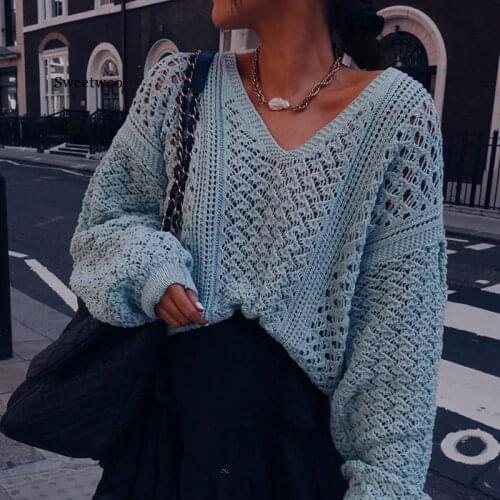 Jacquard Knit Hollow Sexy Sweater Women Shirts 2020 Autumn New Loose Fashion V-neck Solid Casual Office Lady Sweaters Pullovers