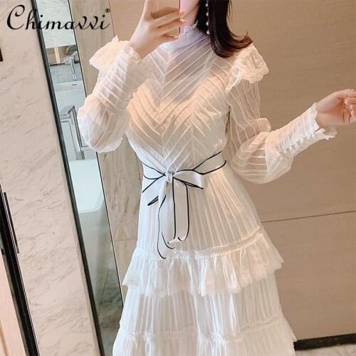 Female Lace Stitching Elegant Chiffon White Dress Fairy Elegant Slimming Waist with Belt Lantern-sleeved Cake Dress for Women