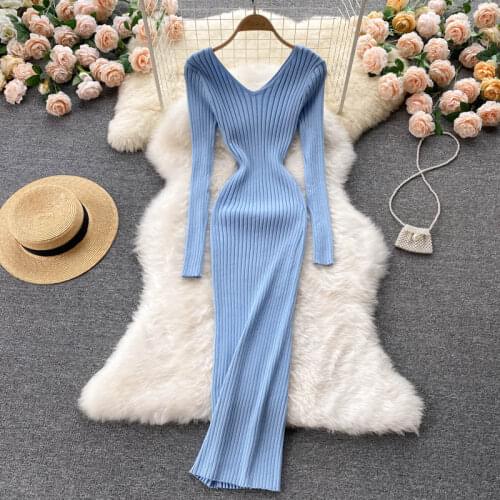 SINGREINY Women Korean Knitted Dress Long Sleeve V Neck Elastic Slim Sheath Dress Autumn Winter Sexy Bodycon Knit Sweater Dress