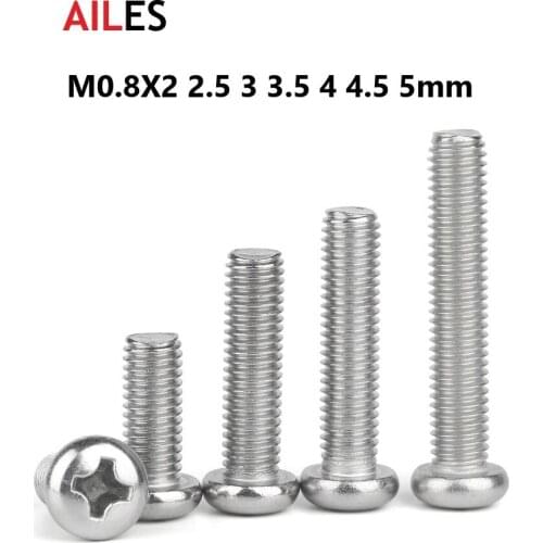 0.8mm Cross Recessed Pan Round Head 304 Screws Stainless Steel Phillips Machine Bolts M0.8 x 2 2.5 3 3.5 4 4.5 5mm