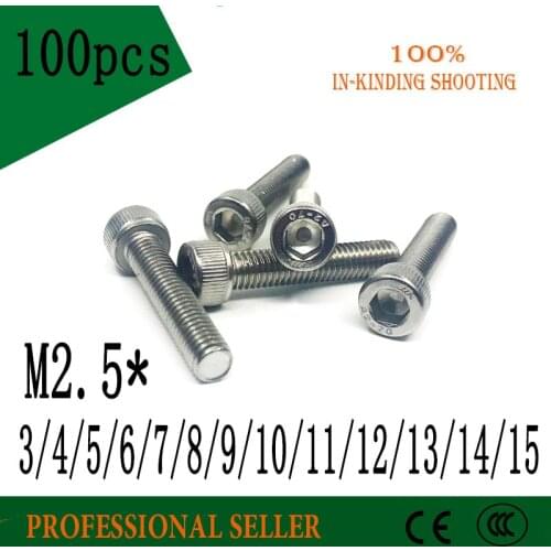 100PCS M2.5 *3/4/5/6/7/8/9/10/11/12/13/14/15 mm sus304 stainless steel hexagon socket head cap screw model auto diy screw DIN912