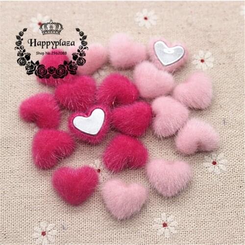 50pcs Cute Hot Pink/Pink Hariy Fabric Covered Heart Buttons Home Garden Flatback Cabochon Crafts Scrapbooking DIY,14*17mm