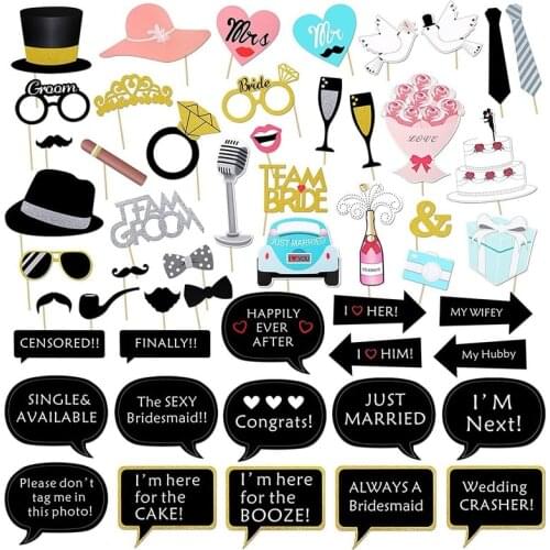 53PCS Wedding Photobooth Props Mr Mrs Just Married Wedding Party Decorations Funny Mask Groom Bridal Shower Photography Props