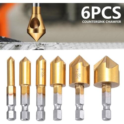 6pcs 6-19mm Countersink Chamfer Titanium Coated Countersink Drill Bits For Woodworking 5 Flutes Quality HSS Drilling Chamfer