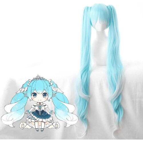 Anime Vocaloid Snow Miku Cosplay Wig Gradient Blue 120cm Long Wavy Synthetic Hair With Chip Ponytails + Wig Cap