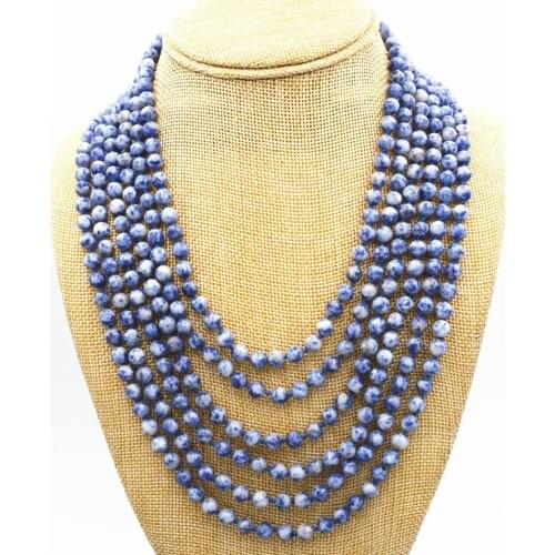 Free Shipping Fashion 6 row 6 mm natural lapis lazuli beads jewelry necklace 17-22 "A