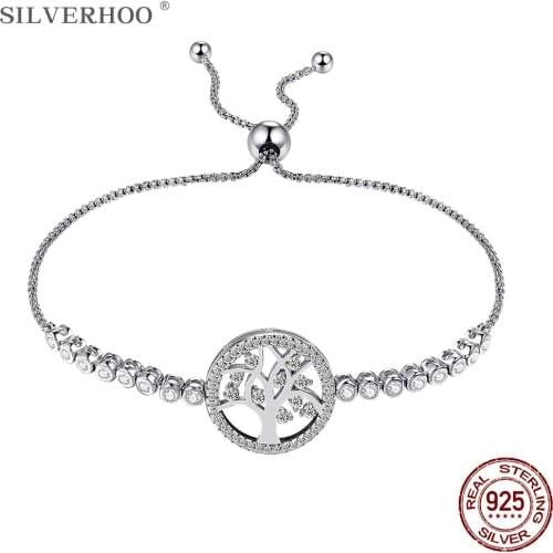 SILVERHOO S925 Sterling Silver Link Bracelets For Women Cubic Zirconia Adjustable Bracelet Birthday Fine Jewelry Life Tree Gift