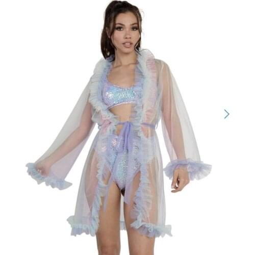 Hirigin Sexy Women Bikini Cover Ups 2020 New Mesh Sheer See Through Long Flare Sleeve Beachwear Dress Ruffles Cover Ups Swimsuit