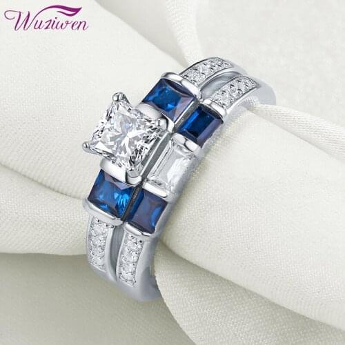 Wuziwen 2 Pcs 925 Sterling Silver Rings For Women Unique Wedding Engagement Ring Set Princess Cut Blue Side Stone AAA Zircons