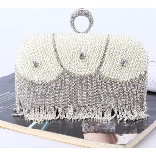 Diamond ring dinner bag quality pearl clutch bag ladies bead embroidery bag rhinestone tassel evening bag