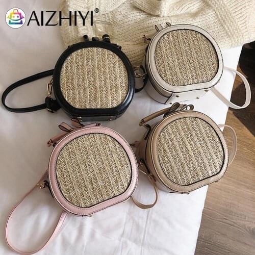 Fashion Women Straw Woven PU Leather Patchwork Shoulder Crossbody Messenger Bag Casual Ladies Summer Beach Round Handbags