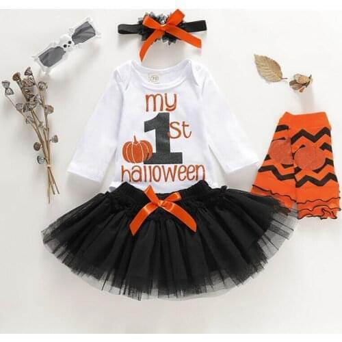 New 2019 Halloween Newborn Infant Baby Girls Pumpkin Romper +Tulle Skirt Dresss + Headband & Leg Warmers Outfit 4PCS Cloth set