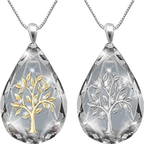 Transparent Crystal Waterdrop Shape Life Tree Pendant Necklace for Women Fashion Party Jewelry Necklace Gifts