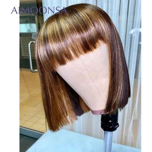Fringe Wig With Bangs Bob Human Hair Wig Highlight Short Bang Wig Human Hair Bob Straight Lace Front Wigs For Women 13x4 Remy150