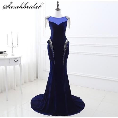 Elegant Evening Dresses O Neck Sleeveless Lace Up Trumpet Party Gowns Crystal Tassel Empire Sweep Train Robe De Soiree SQS079