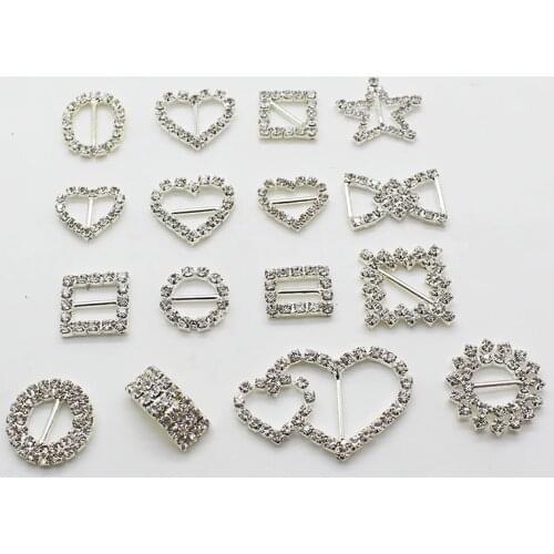 10pcs/lot 16 Style Rhinestone Buckles for Ribbon Craft Sewing Metal Brass Diamond Crystal Button for Wedding Decorative