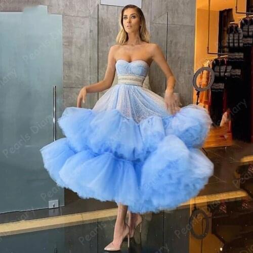 Sequins Princess Tiered Prom Gowns Ankle Length Tiered Puffy Tulle Short Evening Dresses Sweetheart Neck Prom Party Dresses 2021
