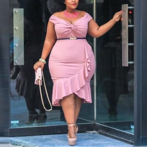 Plus Size Dresses For African Women 4xl 5xl Pink Black Slash Neck High Waist Ruffles Elegant For Evening Party Night Dress Midi
