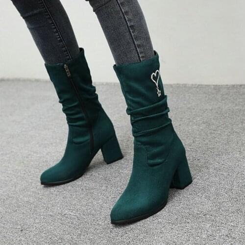 Sianie Tianie flock green beige pleated mid-calf boots for woman chunky high heels winter fleece warm womens shoes big size 48