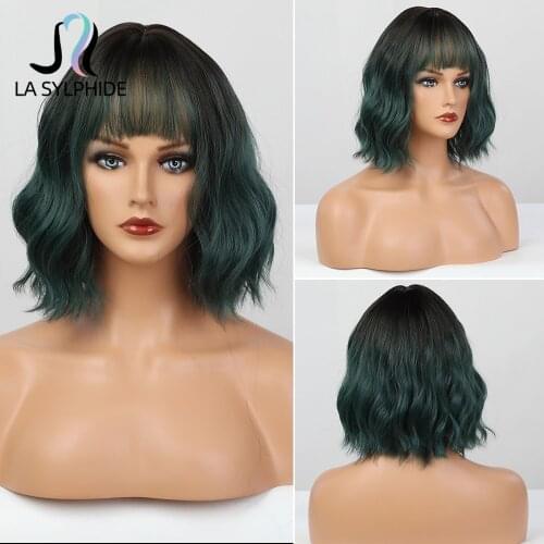 La Sylphide Synthetic Wig Short Curly Dark Green Bob with Bangs for Woman Wigs Lolita Cosplay Party Resistant Heat Fiber