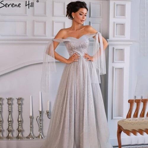 Serene Hill Grey Off Shoulder Sexy A-Line Evening Dress 2020 Tulle Sequins Beading Sleeveless Formal Party Gown CLA70377
