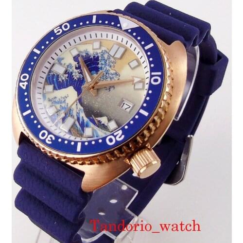 Japan NH35A Automatic Mens Watch 45MM Rose Gold Plated Sapphire Glass Surfing Dial Unidirectional Bezel 5ATM Green Luminous